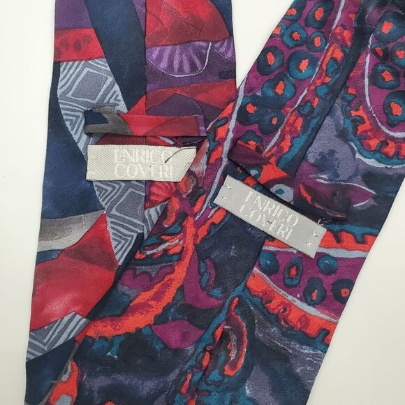 Enrico Coveri Lot of 2 Abstract Wearable Art Print Silk Ties Handmade in Italy - Picture 2 of 2